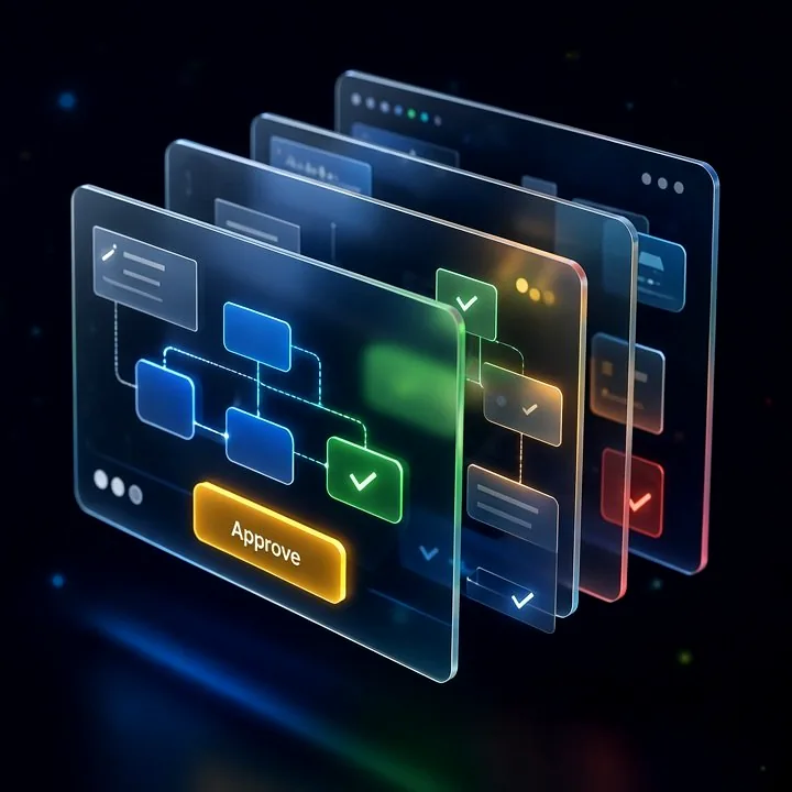 Stacked glass screens showing an automated workflow with an Approve button, illustrating AI drafts that a person approves
