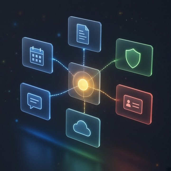 Glass tiles for calendar, documents, security, chat, contacts and cloud connected to a glowing central hub.