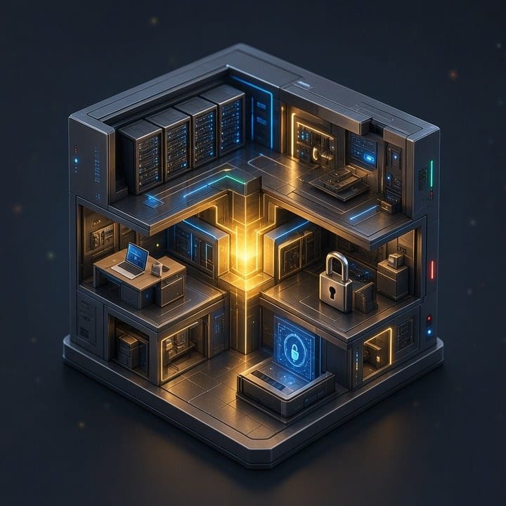 Cutaway illustration of a small office with server racks, a laptop workstation and padlocks, connected by glowing lines to show monitored, secured systems