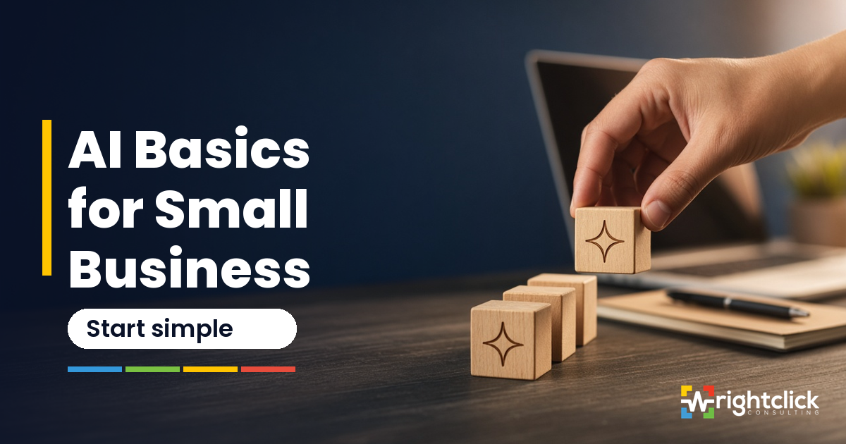 A hand places a wooden block marked with a sparkle icon next to a short row of matching blocks on a desk with a laptop, beside the text 'AI Basics for Small Business – Start simple'.